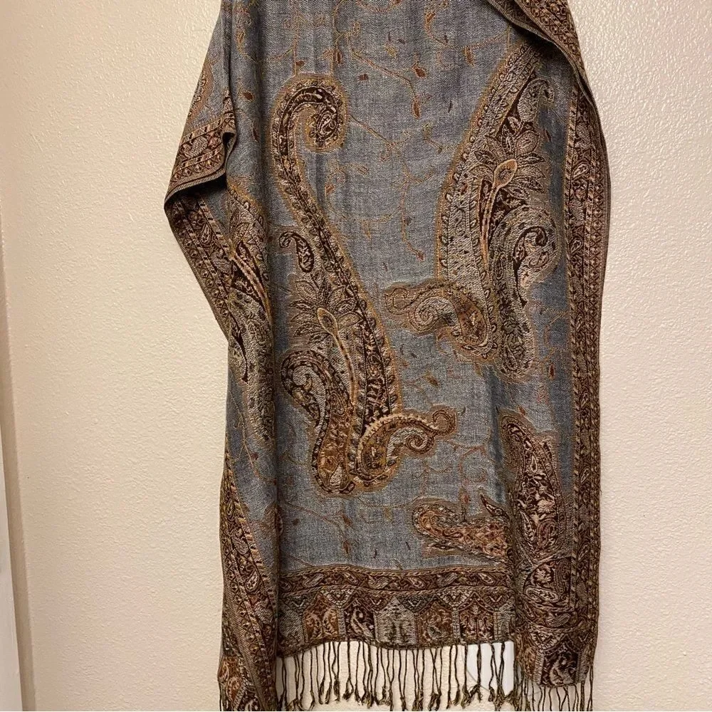 Light blue paisley embroidered scarf Cape wrap poncho shawl shrug fringe 74x28